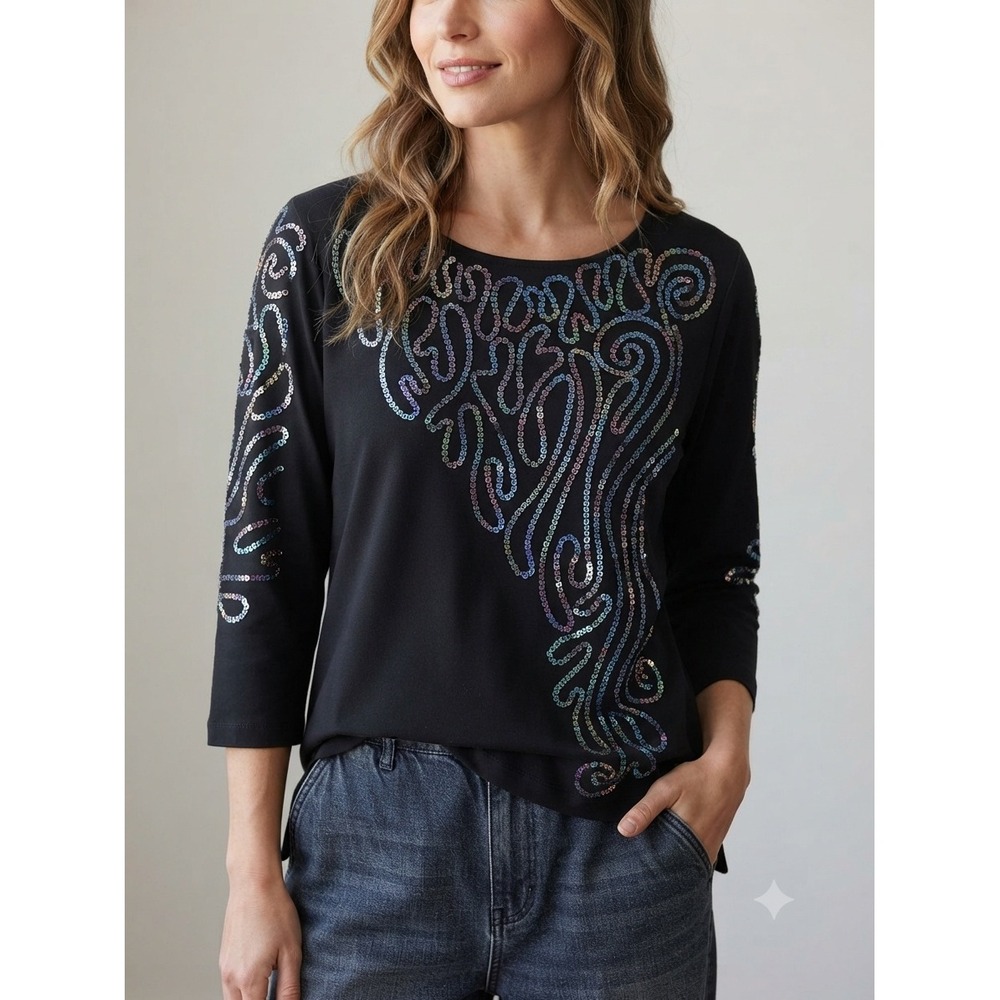 Bob Mackie Wearable Art Sequin Top Iridescent Swirl 3/4 Sleeve Black Large